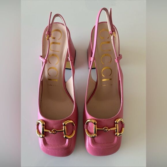 GUCCI Baby Horse bit SlingBack Leather Pump Pink Tropical Flower EU 38 US 8 - Picture 1 of 12